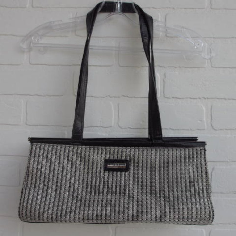 Baci Italy Black Faux Leather and Tan and Brown Woven Baguette  Hand Bag